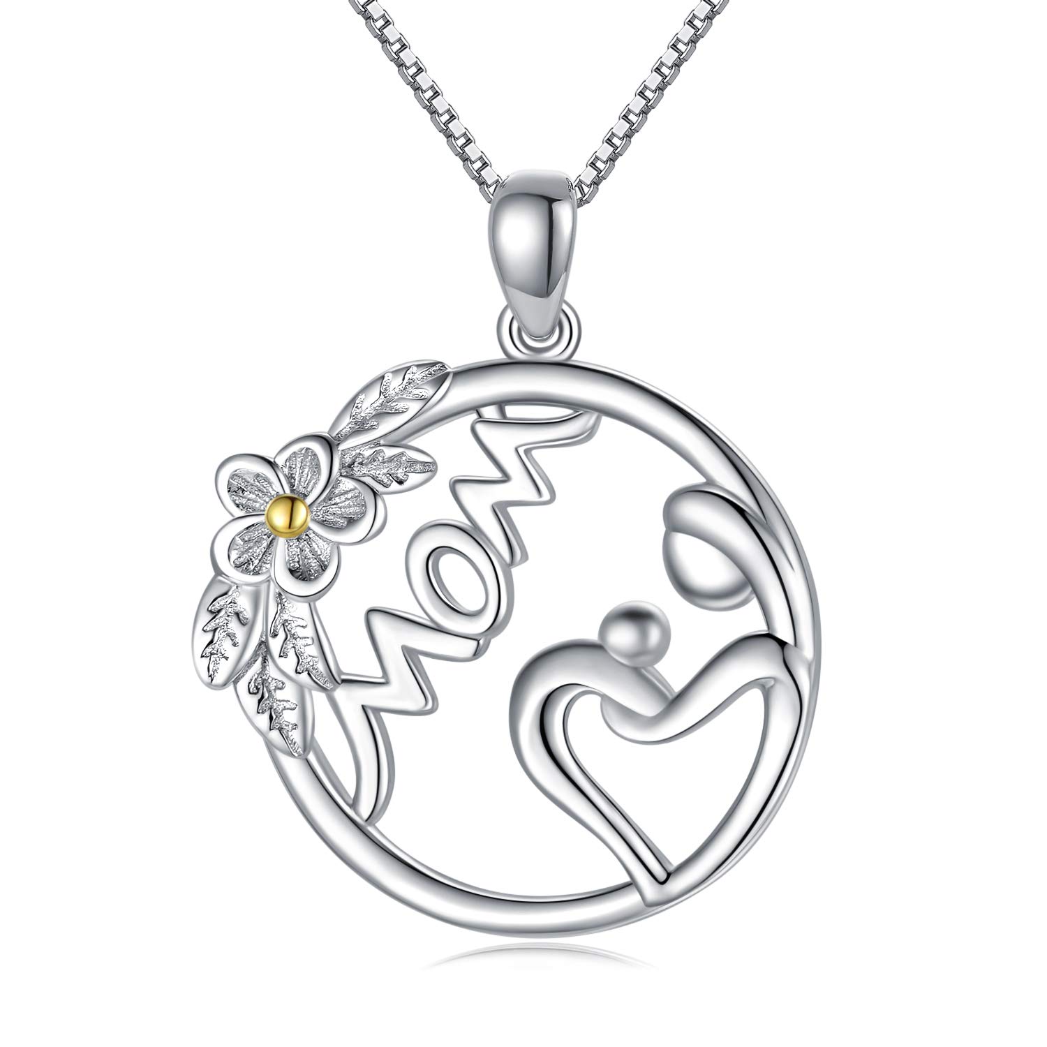 LONAGO Mom Necklace 925 Sterling Silver Mother Holding Child with Flower Pendant Necklace Jewelry for Mother's Day Gifts