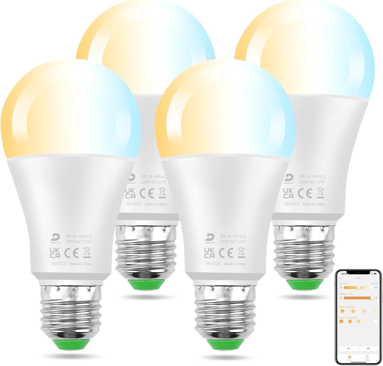 DUSKTEC Bluetooth Smart Bulb E27, Warm White to Daylight Dimmable Alexa Light Bulbs, 12W 1300 LM Smart Light Bulbs, 130W Equivalent Edison Screw Bulb APP and Voice Control, No Hub, 4 Pack