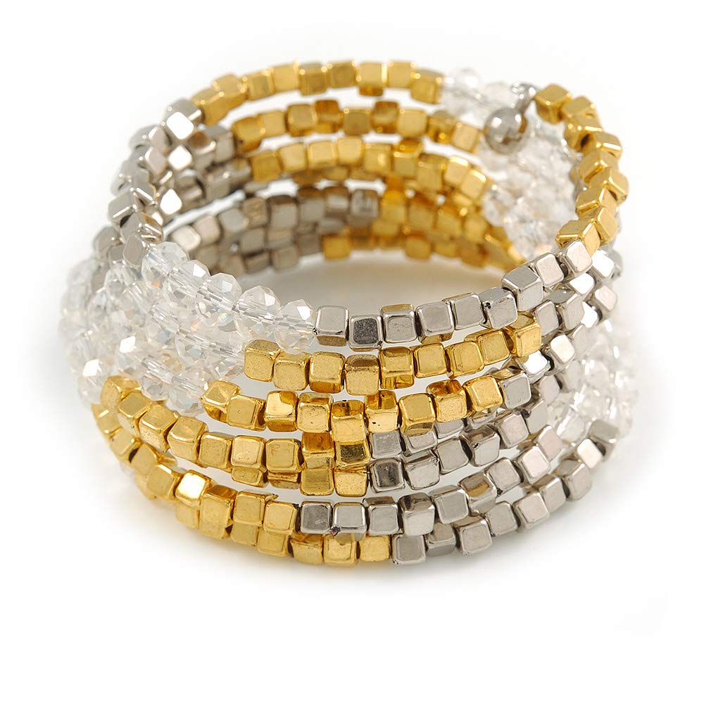Avalaya Multistrand Acrylic Bead Coiled Flex Bracelet In Silver, Gold, Transparent - Adjustable