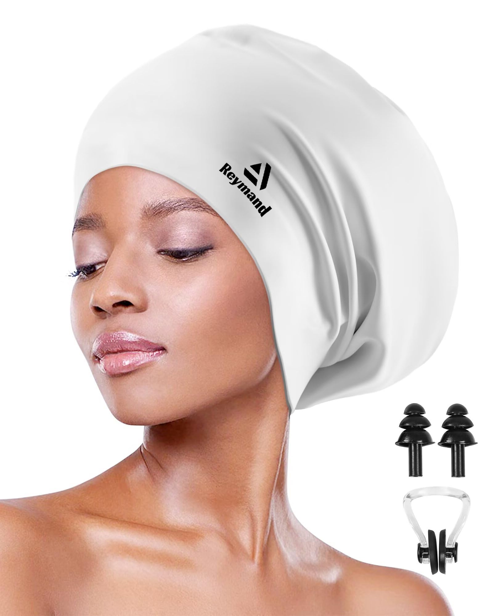 Reymand Swimming Cap Women for Long Thick Hair, 3 Size Silicone Swimming Hat for Dreadlocks, Braids, Weaves, Extensions, Curls & Afros, Adult Waterproof Swim Cap Bathing Caps for Women Men(White-XL)