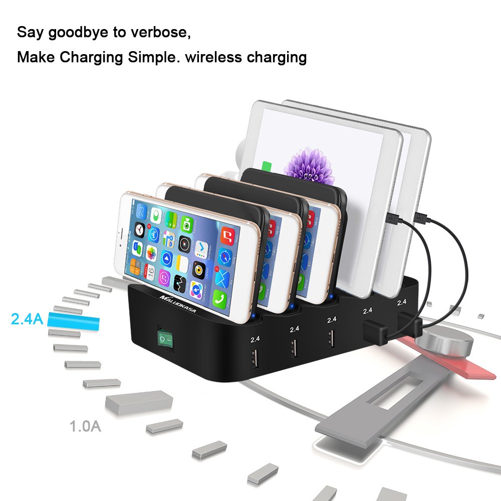 Multiple Port Charging Station, Cell Phone Wireless Charging Pad & USB Charging 5 Ports Dock 2.4A for Smartphones KindleTablets Removeable Baffles Fast Charge Organizer with Indicator (2 Wireless Pad)