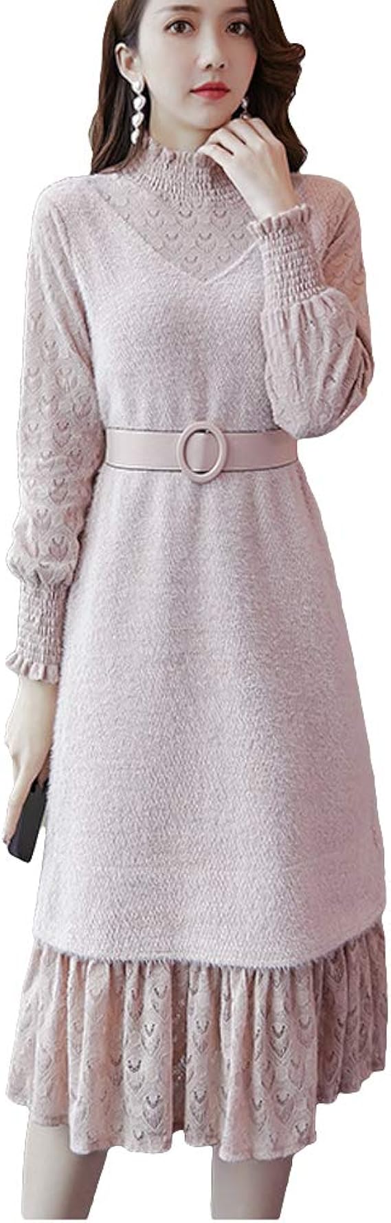 Amazon Zuomaセーターワンピース レディース ニットドレス 重ね着風 ロング丈 厚手 フェイクレイヤード 秋冬 スタンドカラー リブ編みケープ インナー アウターウエア 着痩せ エレガント フリル 長袖 ゆったり ワンピース チュニック 通販