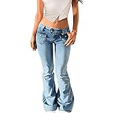 Low Rise Flare Jeans for Women Baggy Y2K Stretchy Bell Bottom Denim Pants 90s Vintage Washed Jeans with Pockets