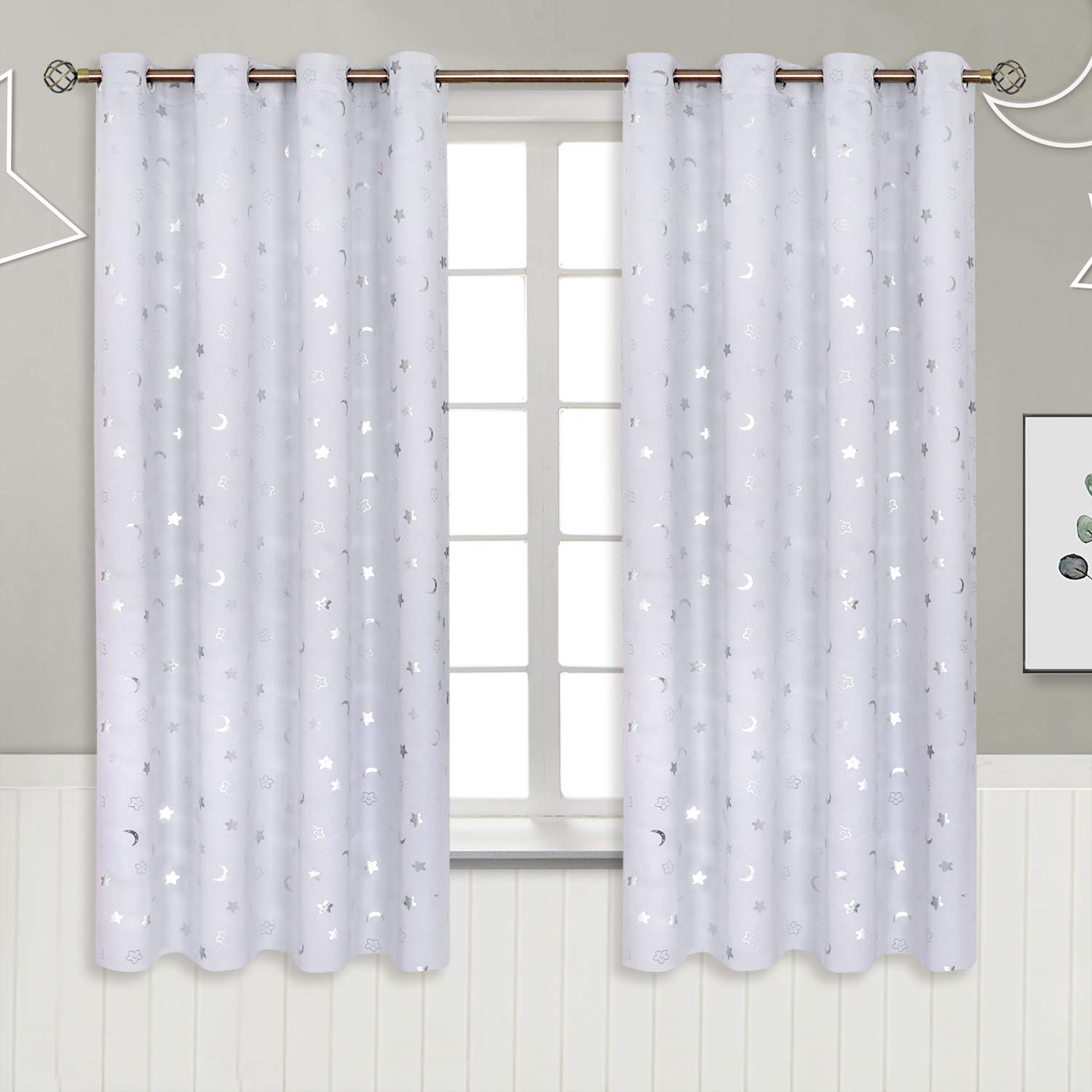 BGment Kids Blackout Curtains for Bedroom 63 Inch Long 2 Panels, Star and Moon Girls Decor Room Darkening Drapes for Nursery Baby Room, Greyish White, 52X63