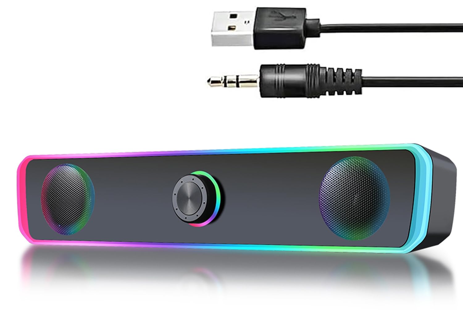 PC Speakers, Computer Speakers for Desktop, Bluetooth 5.3 USB Powered PC Sound bar with RGB LED Lights, HiFi Stereo, Knob Volume Control, 3.5mm Aux Input Wired Soundbar for Monitor, Desktop, Laptop