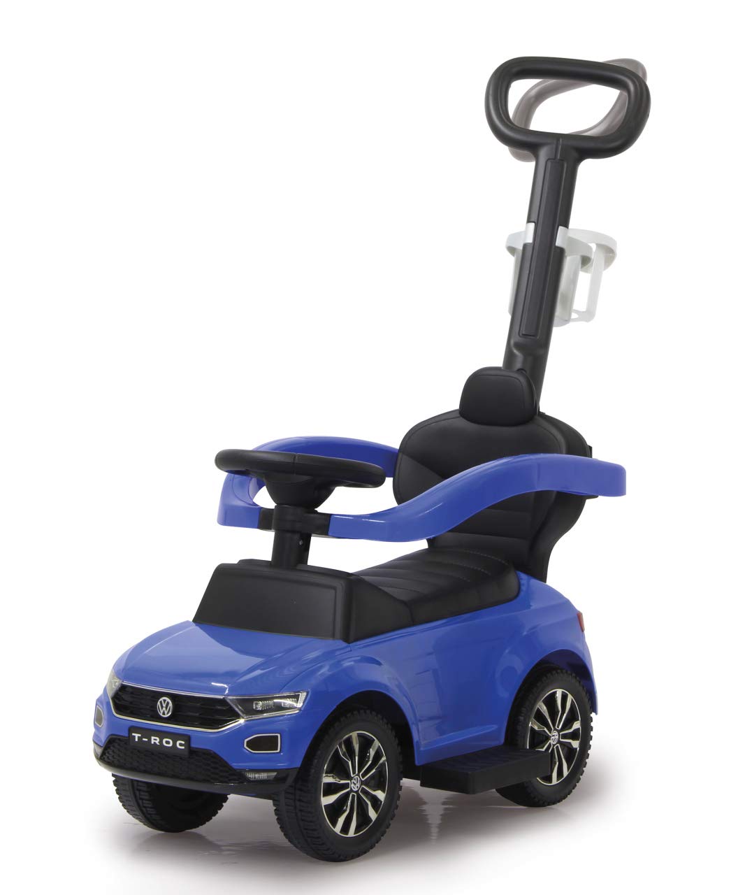 Jamara 460462 - Push Car VW T-Roc 3in1 Blue - Tilt Prevention, Backrest, Side Guard, Extendable Footrest, Sounds, Horn, Cup Holders