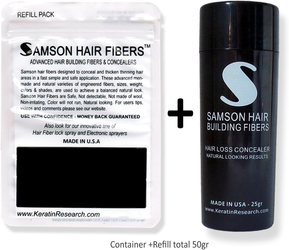 LIGHT BROWN Original Samson Hair Building Fibers 50gr COMBO CONTAINER 25gr PLUS 25gr Hair Fibers Refill