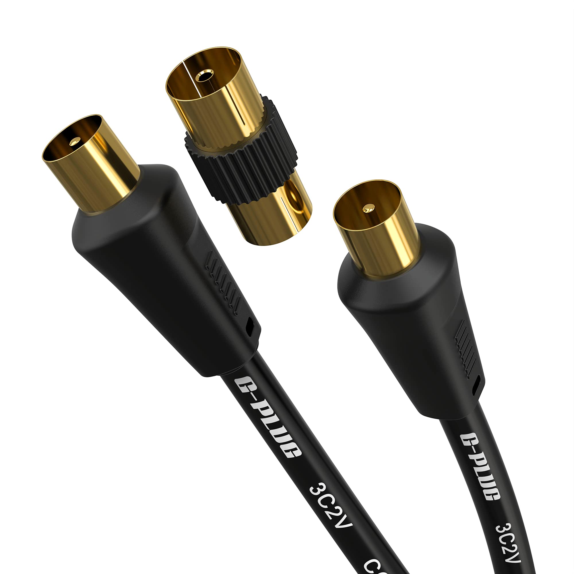 G-PLUG 0.5m TV Aerial Cable with Coaxial Adapter – Male to Male RF Lead – Gold-Plated – For Freeview, Freesat, Sky Box, BT, TV Aerial Extension