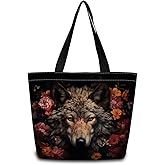ZhuVantrix Floral Wolf Tote Bag Reusable Grocery Bags Aesthetic Shopping Shoulder Handbag with Interior Zipper Pocket Stylish Floral Wolf Present for Women