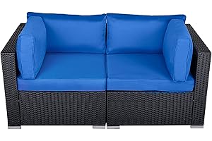 SUNVIVI OUTDOOR Patio Loveseat, 2 Piece Wicker Outdoor Sectional Couch with Removable Navy Blue Cushions, Extra Sofa Furniture