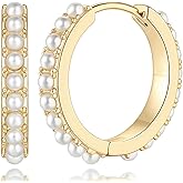 Degerde 14K Gold Pearl Earrings for Women Gold Pearl Hoop Earrings for Women Small Earrings Elegance Huggie Hoop Earrings 13 MM/18 MM