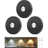Aokpsrt Rechargeable Puck Lights with Remote Control, 1500mAh Battery Operated Tap Lights, Dimmer &amp; Timer Under Cabinet, Wireless LED Stick-On for Closet, Bedroom, Kitchen - Black 3Pcs