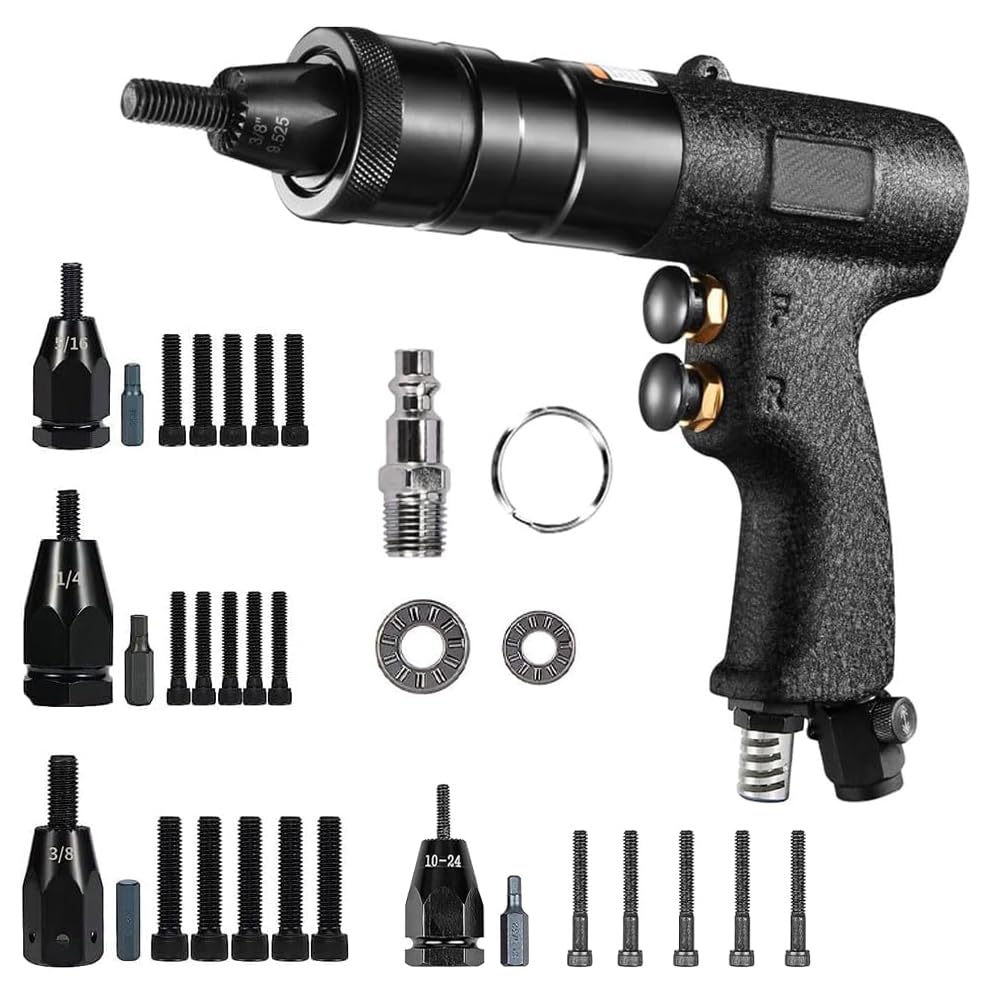 Photo 1 of VOTOER Pneumatic Rivet Nut Gun Tool, 10-24 & 1/4, 5/16, 3/8 inch Self-Locking Head, Heavy Duty Adjustable Speed Air Rivet Gun with Mandrels Riveting Gun Kit Riveter Set Pull Rivnut Gun