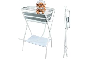 FHTONGE Elevated Dog Bathtub Grooming Station with Drain Adjustable Collar, 2 in 1 Collapsible Dogs Beautify Bathtub Portable Pet Washing Station, Pet Tub for Small Medium Dog Cat Shower Hairdressing