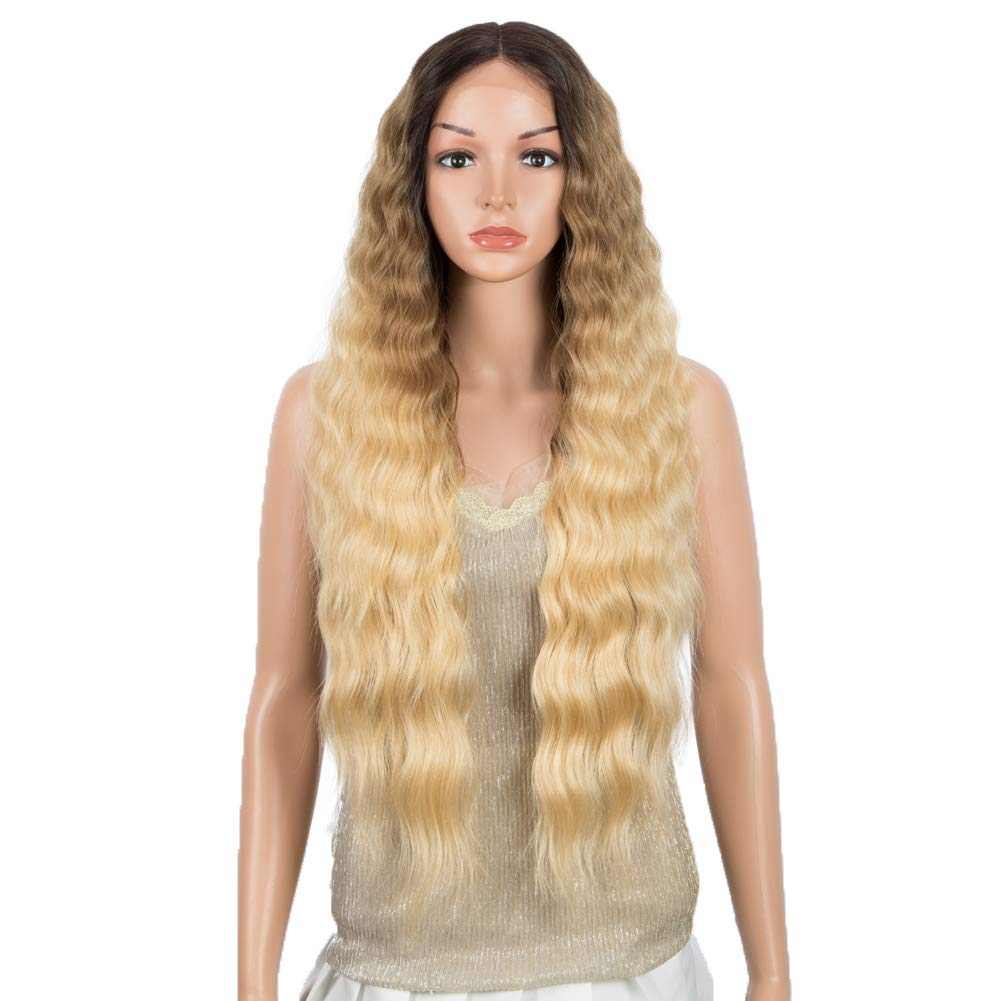 DÉBUT Lace Front Wigs 30 inches Water Wave Super Long Wigs 5% Brazilian Human Hair and 95% Heat Resistant Synthetic Wig 240g 6 inches Lace Parting (LACE 30", GT4/27Q/86E: OMBRE BROWN)