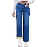 LOOKUB Fleece Lined Jeans Women Straight Leg High Waist Lined Jeans Winter Denim Pants for Women with Patch Pockets