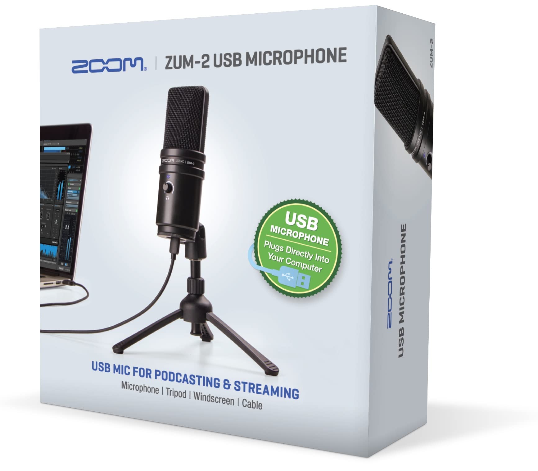 Zoom ZUM-2 USB microphone for podcasting, live streaming, music, and voiceover recordings, condenser microphone with headphone output, plug-and-play with professional sound
