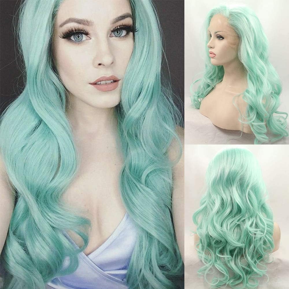 Mermaid Green Blue Soft Wigs for Women Long Waves Mix Color Syntehtic Lace Front Wig Glueless Raalistic Hairline Heat Resistant Fiber Hair Replacement Wig 24 Inch