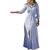 utcoco Women's 2025 Spring Summer Casual Striped Maxi Dress Button Down Shirt Dress with Belt