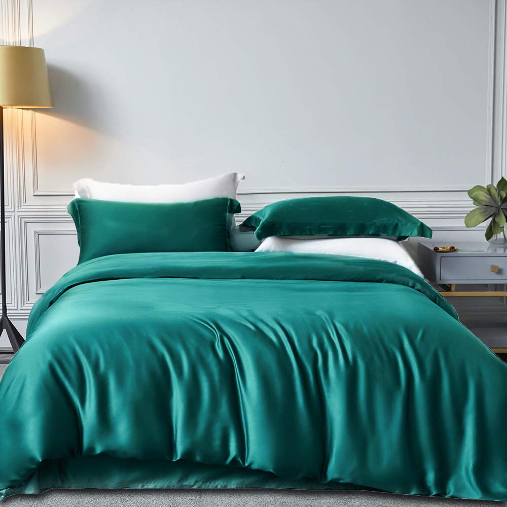 Sacebeleu Dark Green Duvet Cover Set King Size Silk Like Bedding Set Summer Satin Luxury Quilt Covers 220x240cm with Zipper Closure and 2 Pillowcases 50x75cm