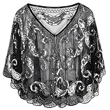 PrettyGuide Women's Evening Cape 1920s Paisley Cocktail Flapper Beaded Shawl Black Silver