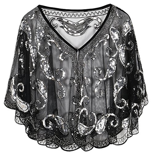 PrettyGuide Women's Evening Cape 1920s Paisley Cocktail Flapper Beaded Shawl Black Silver