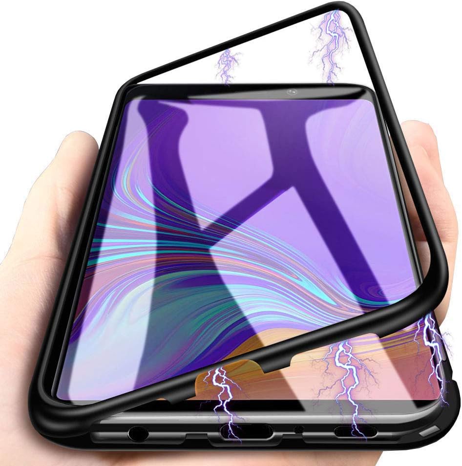 Samsung Galaxy A8 2018 Magnetic Case, Magnetic Adsorption Technology Metal Frame Case Aluminum 9H Tempered Glass Back Cover [Support Wireless Charging] for Samsung Galaxy A8 2018 - Black