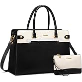 LOVEVOOK Laptop Tote Bag For Women Work, Vintage Leather Computer Bags For Laptops For Women, Waterproof Laptop Bag Business Briefcase Office Large Shoulder Handbag Purse, 15.6 Inch, Black-Beige