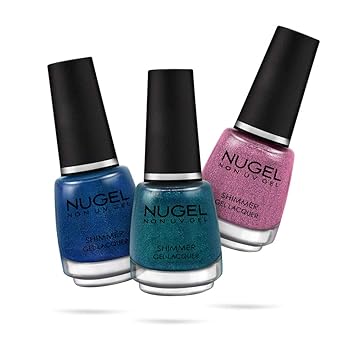 Nugel Non UV Gel Nail Polish, Shimmer Combo Lacquer Combo: 3 Nail Polish - Diamond Electric Blue - S02, Diamond Pine Green - S03, Diamond Pink - S10 for Nail Art - N13, Multicolor, 13 ml