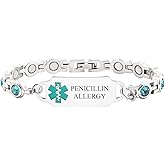 Uloveido Stainless Steel Medical Alert Wristband – Customizable Emergency ID Bracelet for Health Alerts, Light Blue Cubic Zirconia Identity Bracelet for Women YA5705