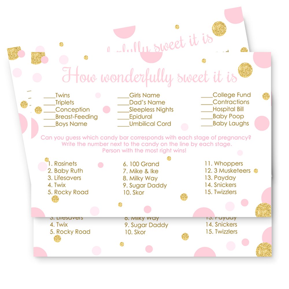 Pink And Gold Baby Shower Candy Bar Game Card 25 Pack Monsterous