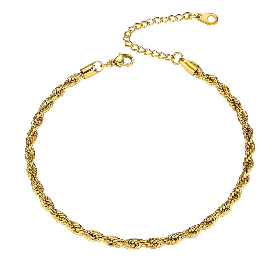 GoldChic Twister Rope Gold Chain Anklet For Women Girls, 4mm Adjustable Beach Foot Bracelet
