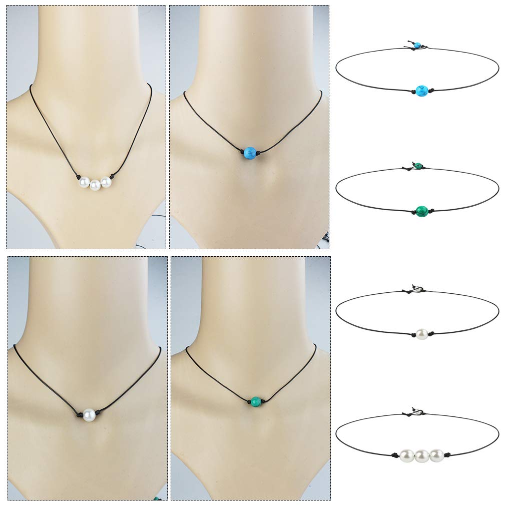mifnegda Single Pearl Choker Necklace 3 Bead Necklace Single Gemstone/Turquoise Leather Choker Necklace Blue Turquoise Necklace for Women Girl Friend Mother Wife Daughter, 4 Pieces
