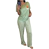 SweatyRocks Women's 2 Piece Pajama Set Short Sleeve Top and Plaid Pants PJ Set Loungewear