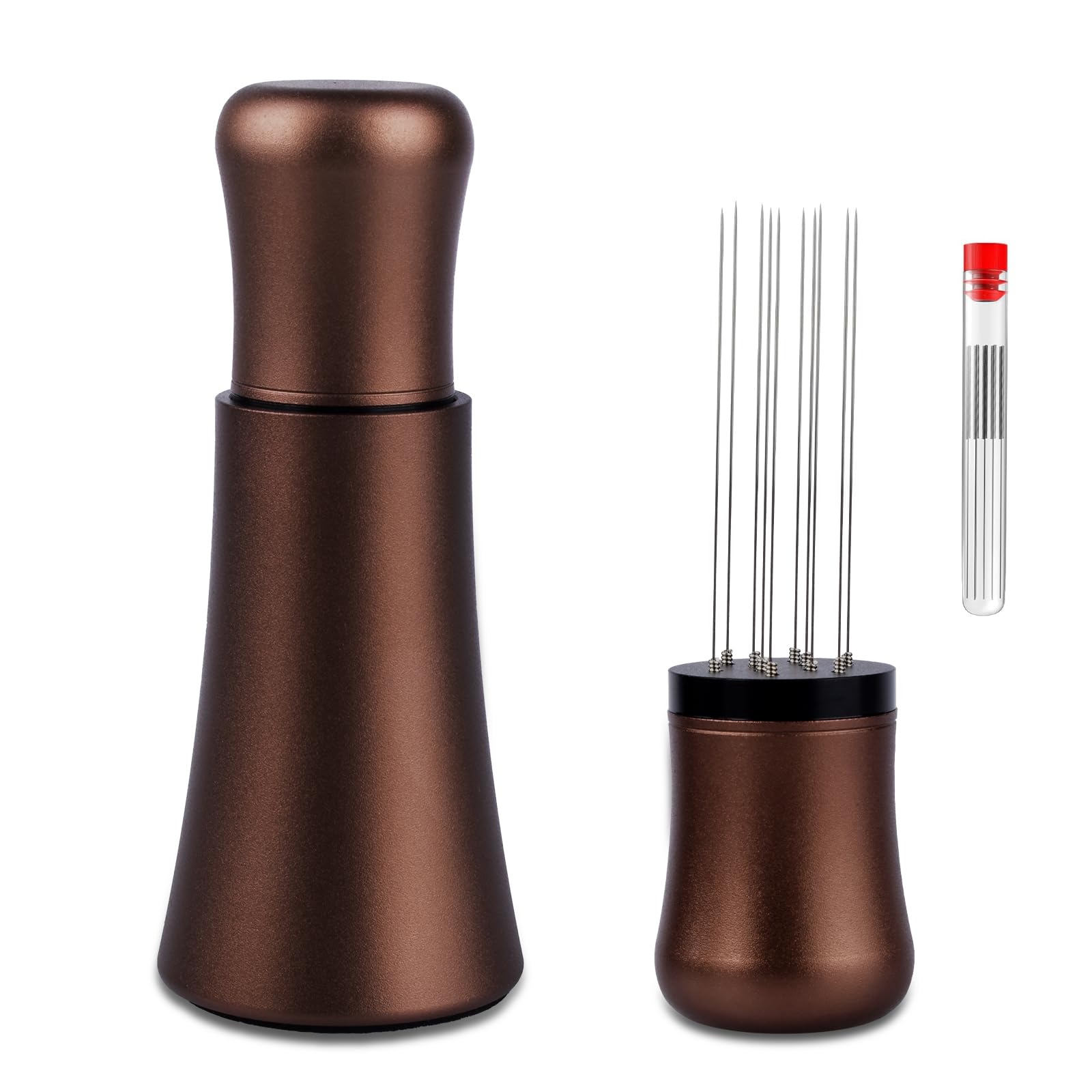 WDT Tool Espresso Distribution Tools Coffee Distributor tool x 0.35mm Stainless Steel Needles Installed 10 Extra Needles for Espresso Stirrer Replacement Aluminum Alloy Handle with Stand (Matte Brown)