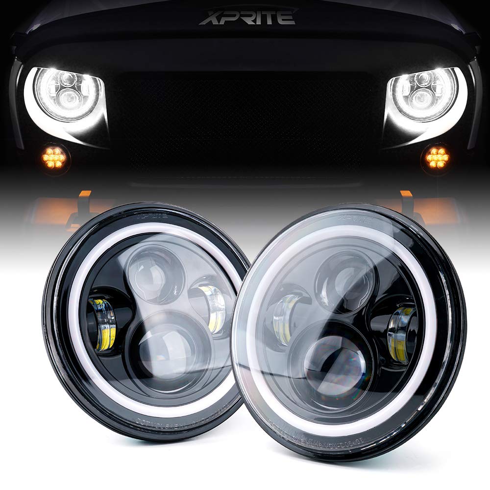 Xprite 7" Inch LED Halo Headlights for Jeep Wrangler JK TJ LJ 1997-2018(DOT  Approved),CREE LED Chip, 80W 9600 Lumens Hi/Lo Beam with Halo Ring Angel  Eyes ...