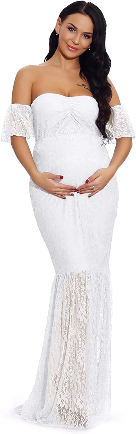 ZIUMUDY Women's Off Shoulder Ruffle Sleeve Lace Mermaid Maternity Baby Shower Gown Maxi Photography Dress at  Women’s Clothing store
