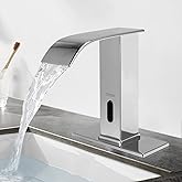CDLODIN Automatic Sensor Touchless Bathroom Faucet, Modern Chrome Bathroom Faucet for Sink 1 Hole, Waterfall Single Hole Bathroom Sink Faucet Stainless Steel, Hands Free Motion Sensor Lavatory Faucet
