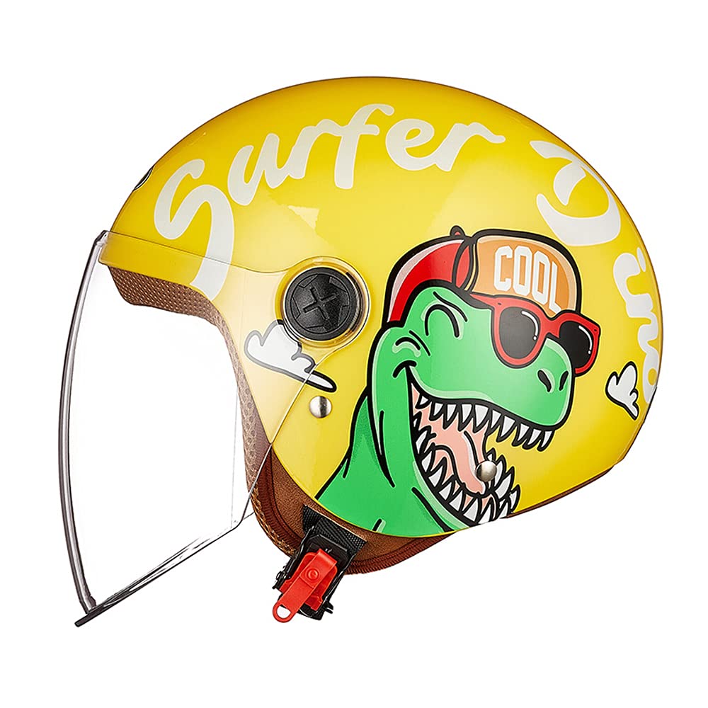 FREEUP Motorradhelm Kinder Mädchen Junge, Kid Jet Helm mit Visier, Dinosaurier Mofa Helm Kids Scooter Fahrradhelm, Schnellverschluss, Herausnehmbar, Waschbar, 48-55cm, Gelb
