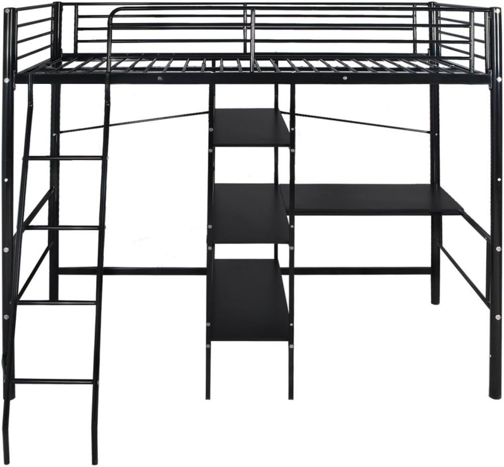 Festnight Metal High Sleeper Bed Frame Bunk Bed with Desk Single Black