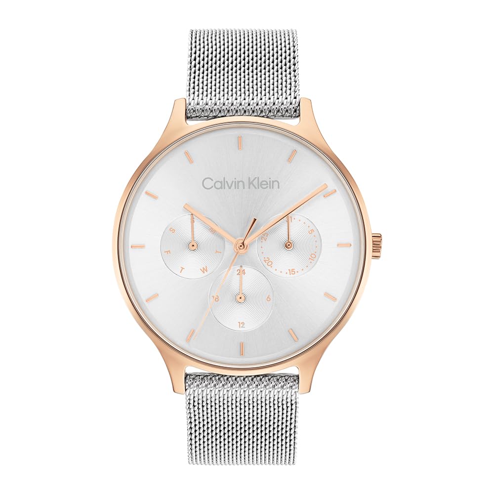 Calvin Klein Analogue Multifunction Quartz Watch for Women Timeless MESH MF Collection with Silver Stainless Steel Mesh Bracelet - 25200106