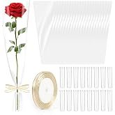 Wzifyf 50 Pcs Flower Water Tubes with 50 Pcs Clear Single Rose Sleeve Holder for Bouquets with 72 Ft Ribbon Flower Vials Individual Single Stem Floral Wrapping Bag for Mother's Day Florist Supplies