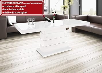 Design Couchtisch Matera Lux H-333 Weiß Hochglanz höhenverstellbar ausziehbar Tisch