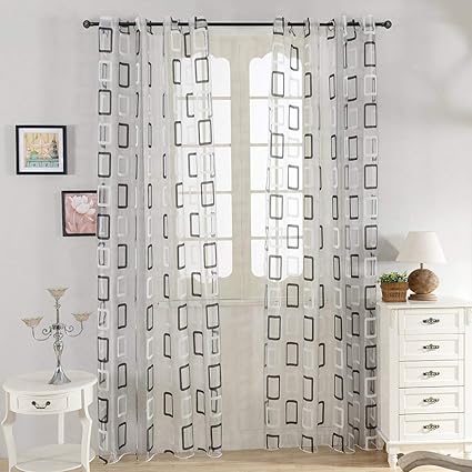 Top Finel Geometric Squares Window Treatments Voile Curtains