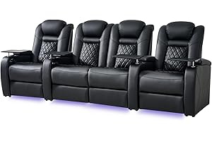 SOOTHROOM Home Theater Seating, Classic Series Leather Movie Theater Chairs, Power Headrest and Memory with C-Type USB Charger, 7Color Ambient Lighting and Tray Table, Black Power Adjustable Recliner(Row of 4M)