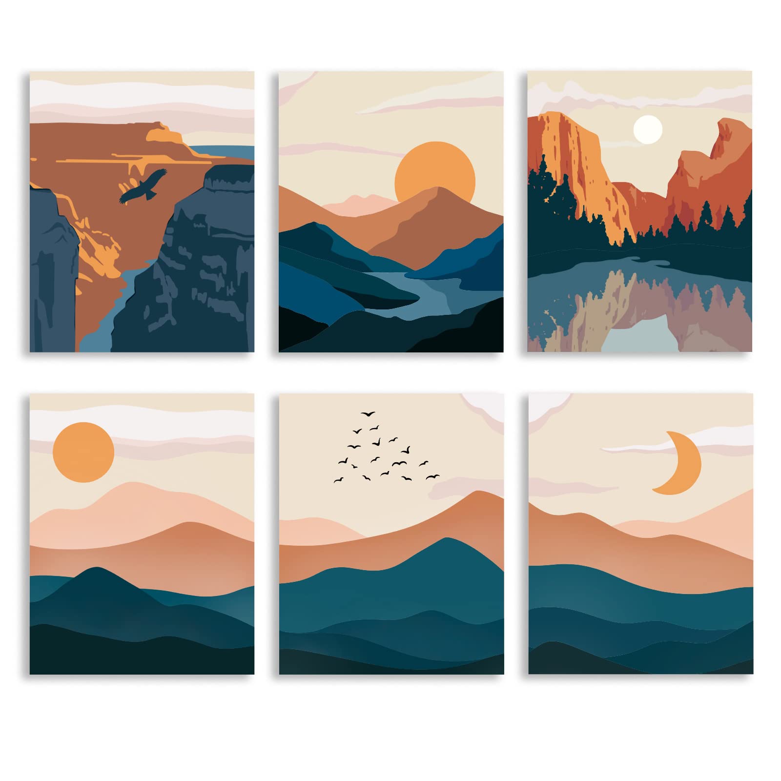 ORIGACH Landscape Wall Art Prints 8"x10" Mountain Canyon Sunset & Moon Natural Wall Decor Boho Landscape Aesthetic Canvas Painting Art Prints, No Frame