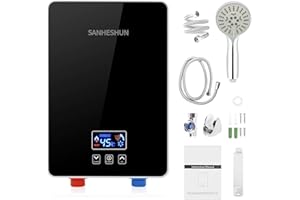 SANHESHUN Electric Tankless Water Heater, 6000W 220V Instant Hot Water Heater with Handheld Shower Head and Hose Set, LED Touch Screen Switch Adjustable Temperature for Bathroom Kitchen - Black
