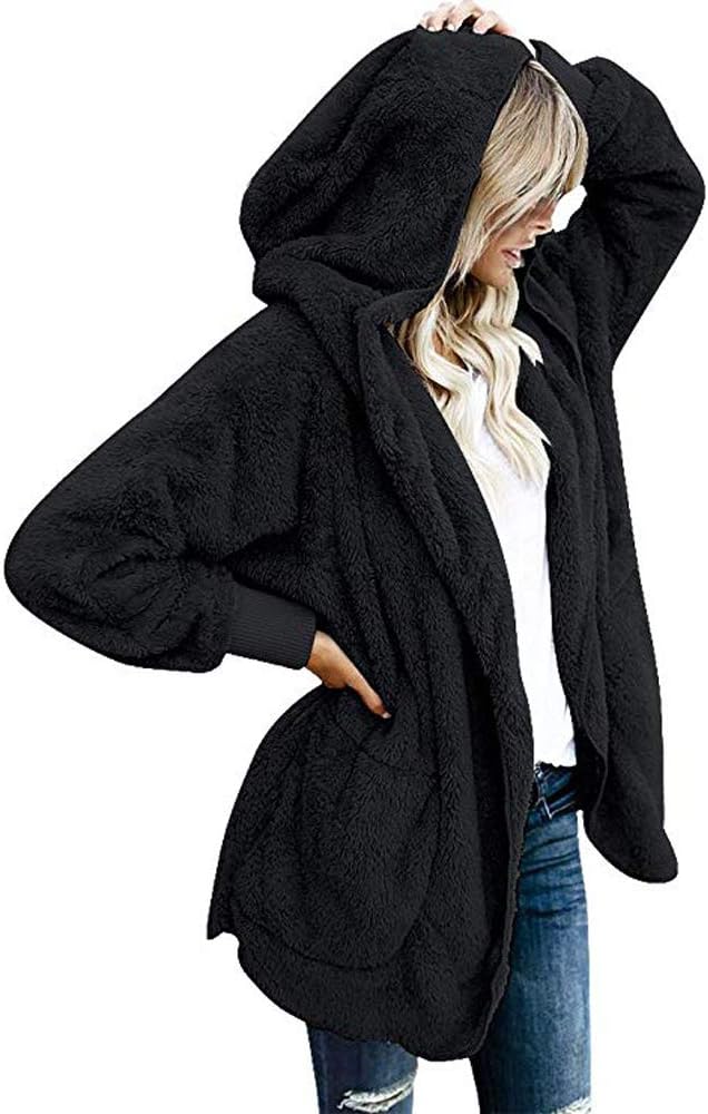 SVALIY Womens Fuzzy Fleece Loose Open Front Hooded Cardigan Coats Outwear Pockets