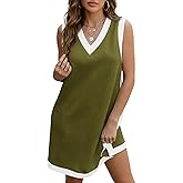 Wenrine Womens V Neck Mini Dress Summer Sleeveless Color Block Loose Fit Slit Casual Tank Dresses