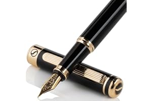 Scriveiner Luxury Fountain Pen - Stunning Black Lacquer Pen, Real Gold Finish, Schmidt Gilded Nib (Medium), Converter, Best Pen Gift Set for Men & Women, Professional, Executive, Office, Nice Pens
